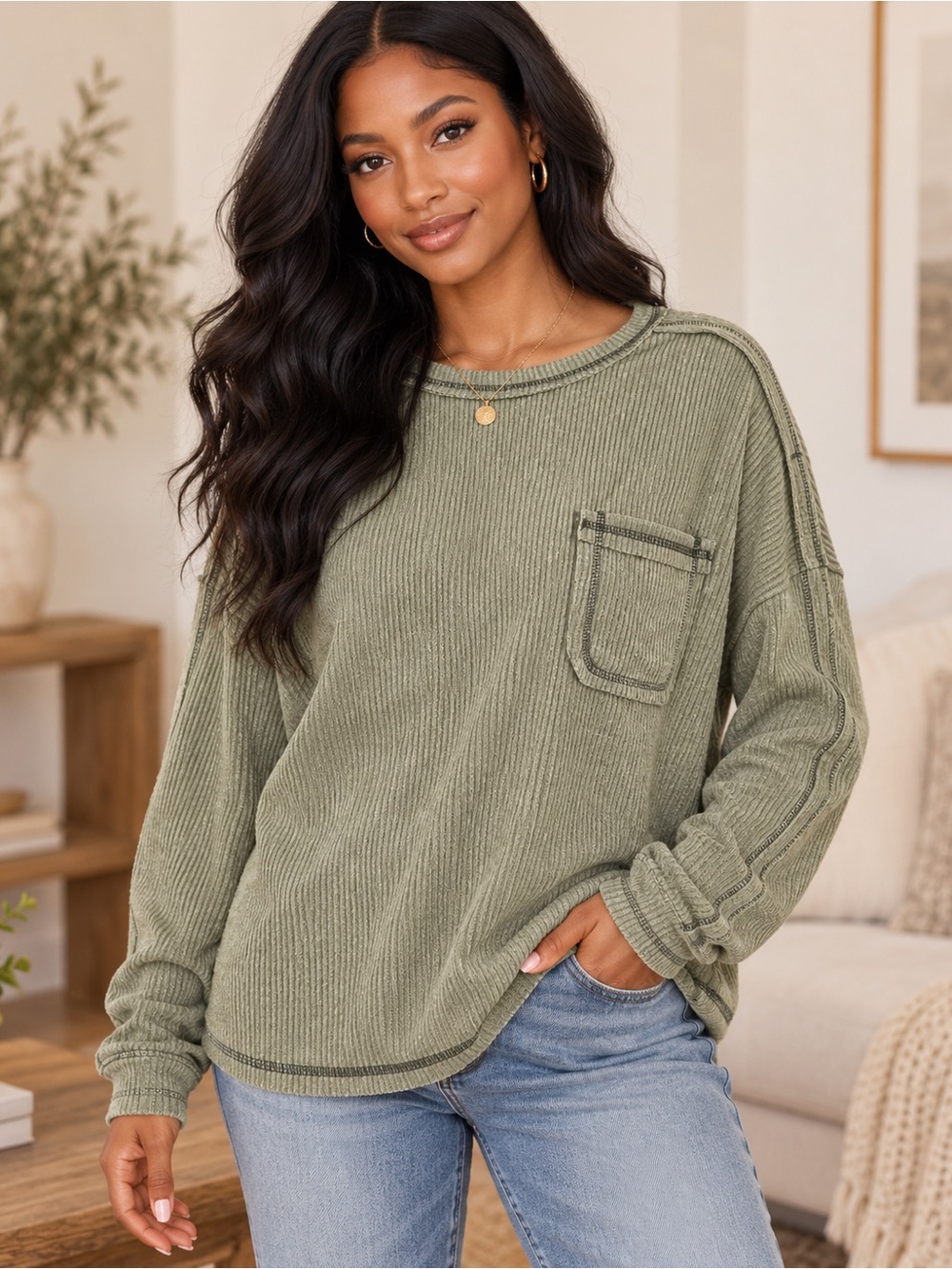 Zenana Soft Hacci Ribbed Long Sleeve Top – Olive 🫒